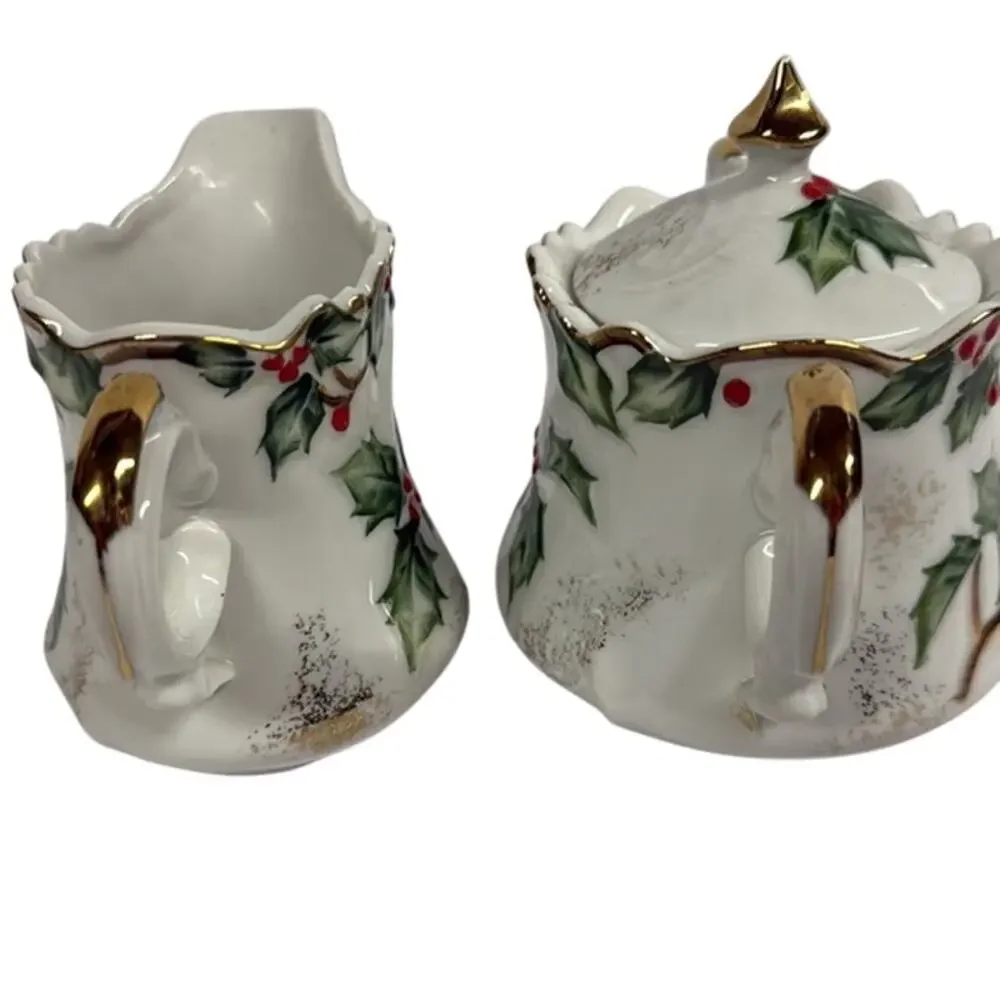 Vintage‎ Lefton China Christmas Holly Hand Painted Creamer & Sugar Set NE1965